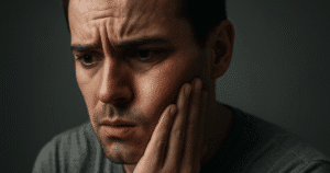 Pessoa com rosto inchado devido a um abscesso dentário, demonstrando a necessidade de tratamento de urgência.