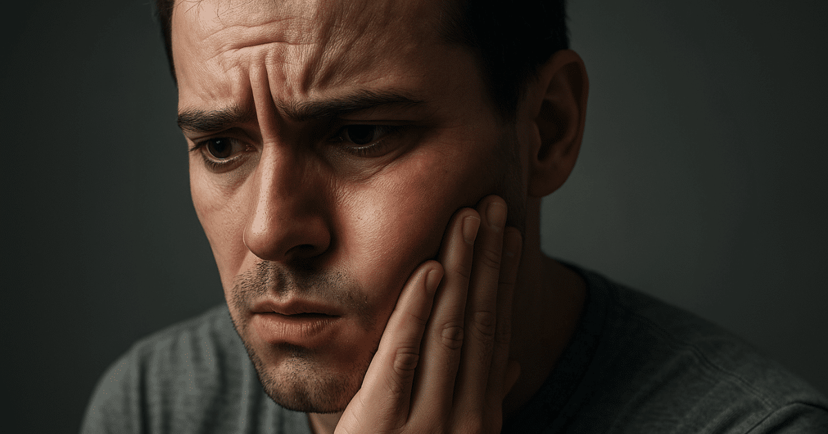 Pessoa com rosto inchado devido a um abscesso dentário, demonstrando a necessidade de tratamento de urgência.