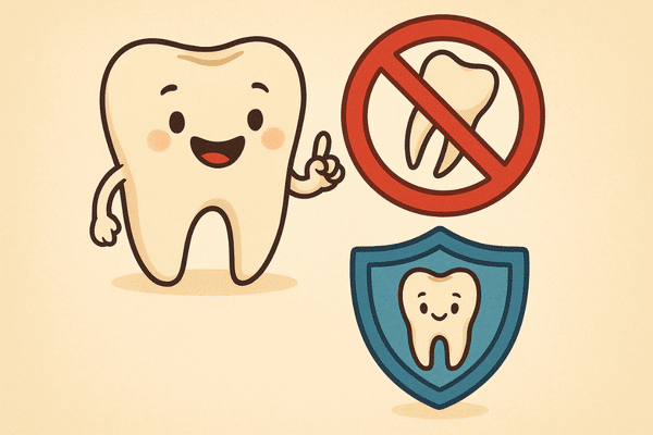 Ilustração de alerta mostrando que não se deve reimplantar um dente de leite arrancado para proteger o dente permanente.