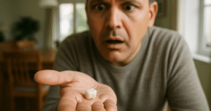 Pessoa segurando na mão uma coroa que caiu do dente, com expressão de surpresa.