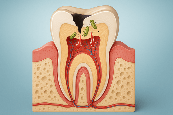 Diagrama mostrando como uma cárie profunda leva a uma infecção na polpa, necessitando de um tratamento de canal.