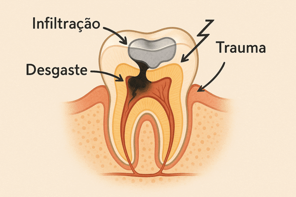 Diagrama mostrando as principais causas para uma restauração ou coroa do dente cair, como infiltração por cárie e trauma.