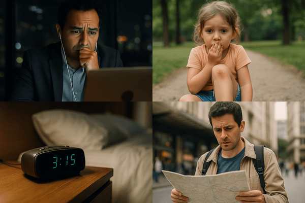 Mosaico de fotos mostrando situações em que um dentista 24h em SP é necessário, como acidentes e dores na madrugada.