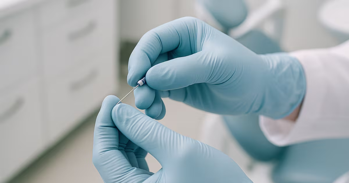 Mãos de um endodontista mostrando a precisão de como é feito o tratamento de canal.