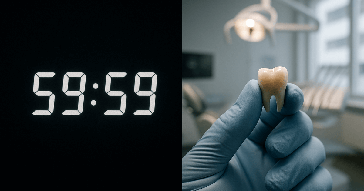 Montagem mostrando um cronômetro e a mão de um dentista, ilustrando a urgência em saber o que fazer com um dente arrancado.