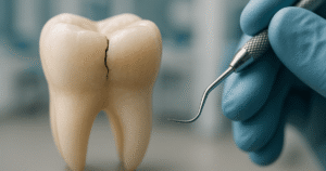 Close-up de um dente quebrado antes de receber tratamento odontológico de urgência.