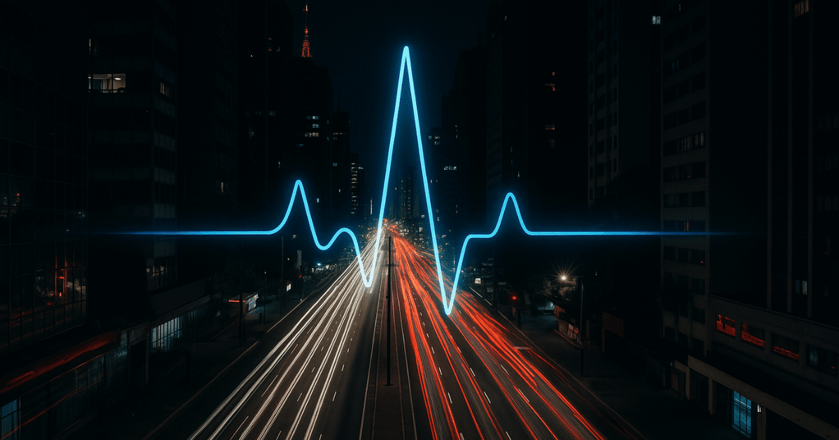 Foto noturna de São Paulo com uma linha de ECG, simbolizando a necessidade de um dentista 24h em SP.