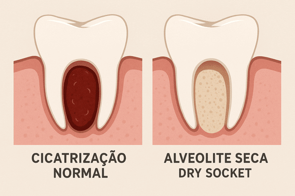 Diagrama explicando a alveolite seca, um dos principais problemas após extração de dente, mostrando o osso exposto.