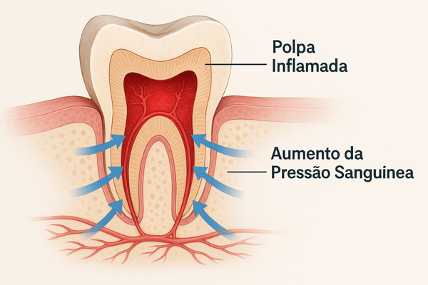Diagrama de um dente mostrando como a pressão sanguínea noturna aumenta a pressão sobre o nervo inflamado, causando dor de dente insuportável.