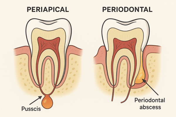 Ilustração mostrando a diferença entre um abscesso dentário periapical (na raiz) e um periodontal (na gengiva).