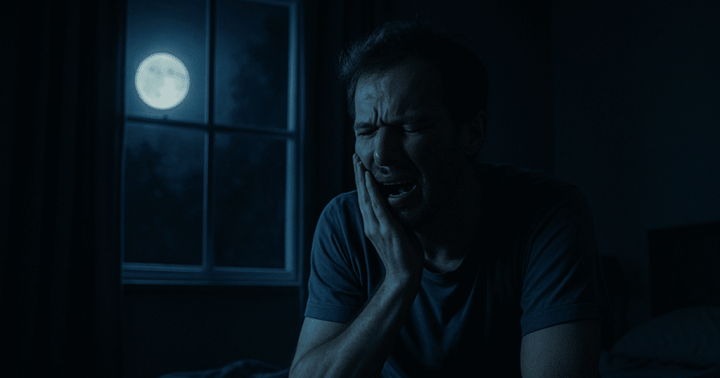 Homem com expressão de sofrimento segurando a bochecha, representando uma dor de dente insuportável durante a madrugada.