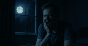 Homem com expressão de sofrimento segurando a bochecha, representando uma dor de dente insuportável durante a madrugada.
