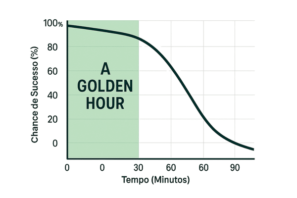 Gráfico mostrando a queda na chance de sucesso do reimplante de dente após 60 minutos, a golden hour da avulsão dentária.