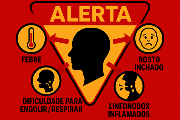 Infográfico de alerta com ícones dos sinais de que a infecção de um abscesso dentário está se espalhando, como febre e inchaço facial.