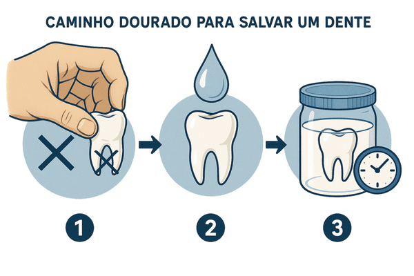 Diagrama com 3 passos de primeiros socorros para um dente arrancado, mostrando a importância de agir rápido em uma urgência odontológica.