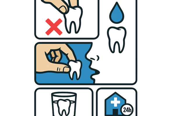 Infográfico com os passos sobre o que fazer com um dente arrancado, como pegar pela coroa e armazenar em leite.