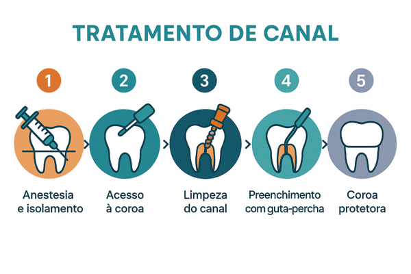 Infográfico com os 5 passos do tratamento de canal, desde a anestesia até a restauração final do dente.