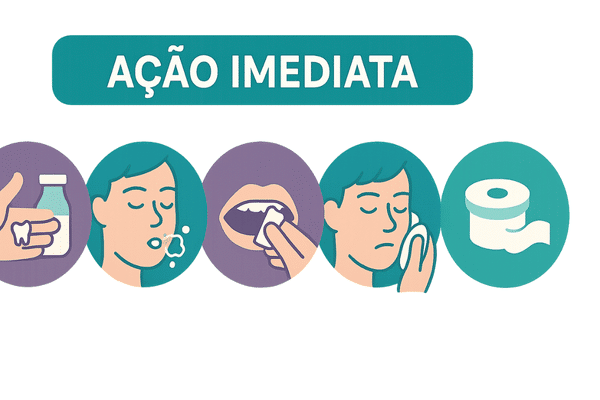 Infográfico com 5 passos de primeiros socorros para um dente quebrado, como guardar o fragmento e controlar o sangramento.