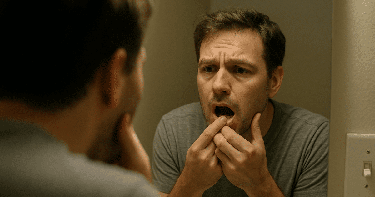 Pessoa preocupada examinando a boca no espelho, ilustrando a dúvida sobre problemas após extração de dente.