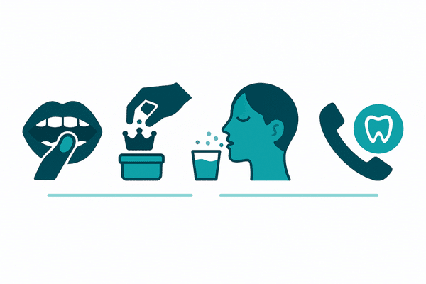 Infográfico com 4 passos sobre o que fazer quando caiu a restauração do dente, como guardar a peça e ligar para o dentista.