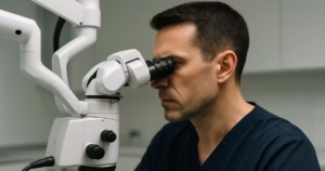 Especialista em endodontia realizando um retratamento de canal com microscópio.
