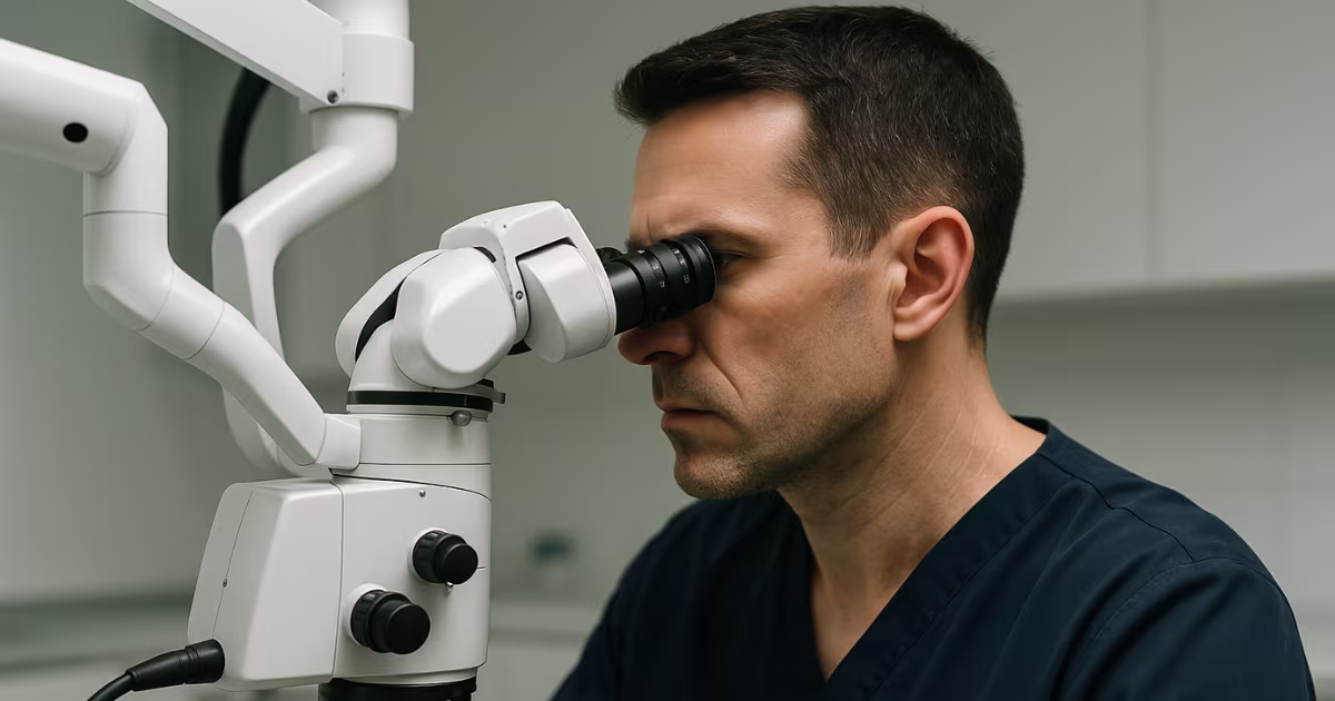 Especialista em endodontia realizando um retratamento de canal com microscópio.