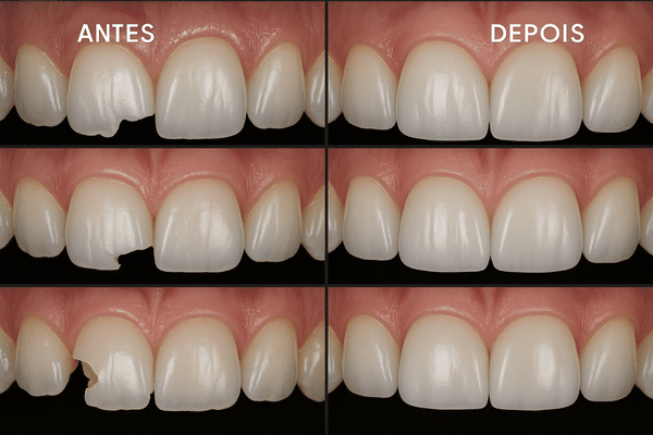 Montagem de antes e depois mostrando os resultados de tratamentos para um dente quebrado, como restauração e coroa.