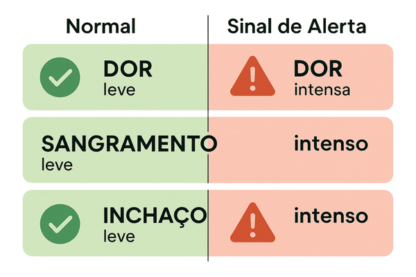 Infográfico comparando sintomas normais e sinais de alerta para problemas após extração de dente.