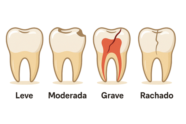 Diagrama ilustrando os diferentes tipos de dente quebrado: fratura leve, moderada, grave e dente rachado.
