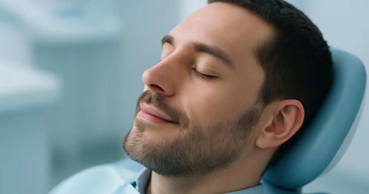 Paciente relaxado na cadeira do dentista, mostrando que a pergunta 'tratamento de canal dói?' tem uma resposta positiva.