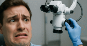 Especialista em endodontia usando microscópio para realizar um tratamento de canal, transmitindo segurança ao paciente.