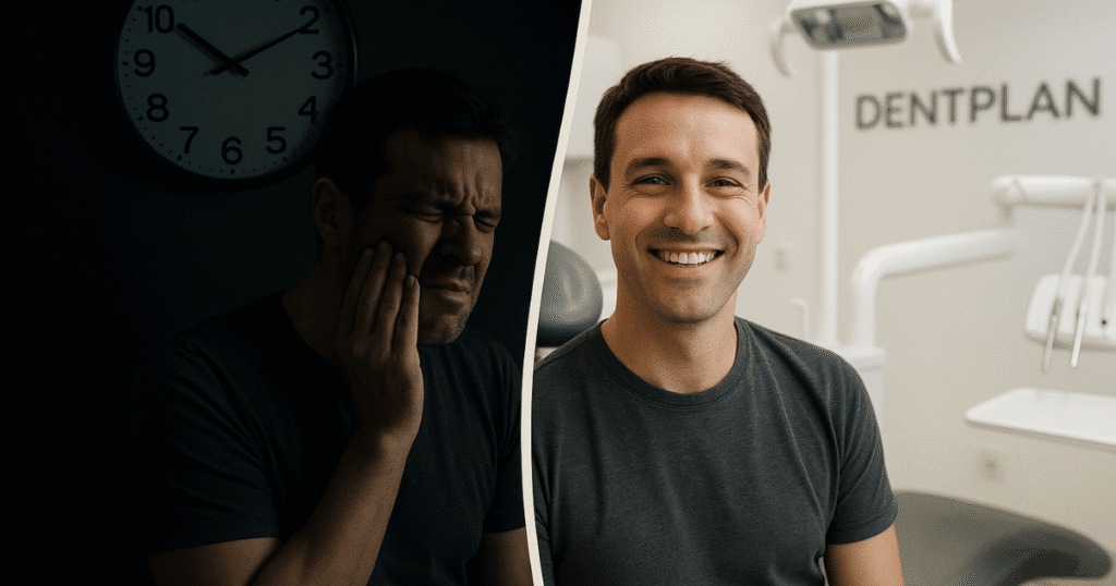 Close de um paciente aliviado na clínica Dentplan, simbolizando a solução para uma urgência odontológica 24h.